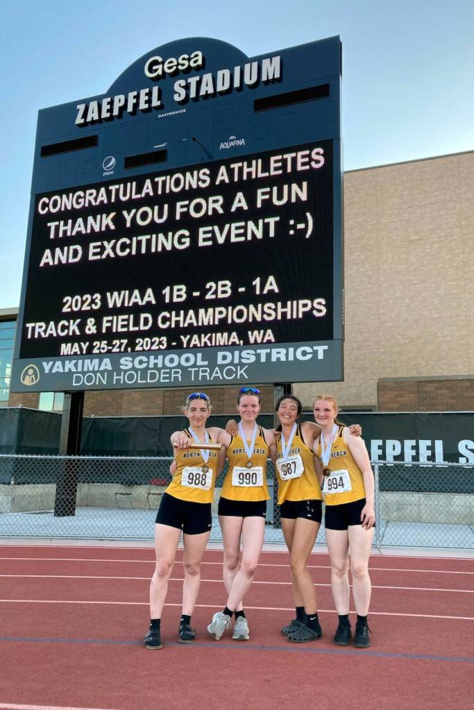 SUBMITTED PHOTO North Beachs girls 4x400 relay team of (from left) Abby Conn, Malia Cox, Katana Capoeman and Kaci Osborne-Hansen broke a school record to place fourth overall at the 2B State Championships on Saturday in Yakima.