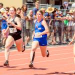 JARED WENZELBURGER | THE CHRONICLE Willapa Valleys Brooklyn Patrick, second from right, races in the girls 1B 100-meter dash on Saturday in Yakima.