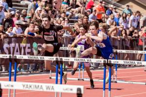 JARED WENZELBURGER | THE CHRONICLE
Raymond’s Morgan Anderson takes second in the 2B boys 110 meter hurdles in Yakima on Saturday, May 27.
