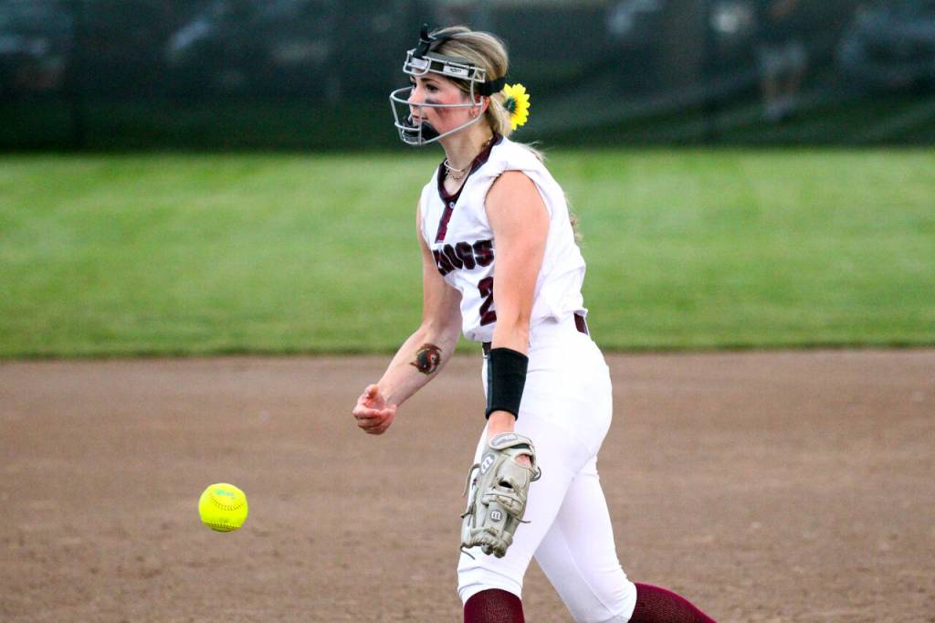 PHOTO BY SHAWN DONNELLY 
Montesano junior pitcher Riley Timmons throws a pitch during the Bulldogs 8-2 win over Royal in the 1A State Softball Championship game on Sunday in Richland.