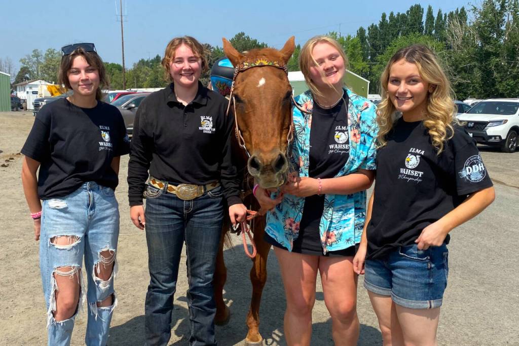 SUBMITTED PHOTO 
The Elma High School equestrian team of (from left) Morgan Jonsson, Emmie Spencer, Randi Conrad and Tylee Kelly competed at the WASHET State Championships May 19-21 in Moses Lake.