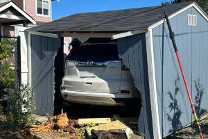 Courtesy photo / Ocean Shores Fire Department
A visitor to Ocean Shores drove through a shed Monday morning after losing consciousness.