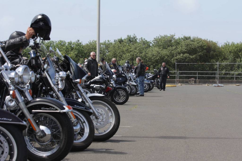Seven motorcycle clubs and more than 100 bikers provided an escort for a traveling replica of the Vietnam Veterans Memorial from Hoquiam to its destination at the Quinault Beach Resort and Casino on June 14. (Michael S. Lockett / The Daily World)