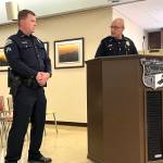 Matthew N. Wells / The Daily World
Aberdeen Detective Sgt. Gary Sexton, left, listens as Hoquiam Police Chief Joe Strong reads a letter of commendation for Sextons efforts to save two little girls and stop the suspect involved. Aberdeen Police Chief Dale Green stood on the other side of Strong as he watched Sexton stand at ease during the reading of the commendation. David Lawrence, Aberdeen city councilor, referred to the save and apprehension of the suspect, good police work, and good citizen response.
