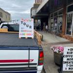 Matthew N. Wells / The Daily World
Nirvana Coffee Company  205 S. I St., in Aberdeen  was the meeting spot for the Nirvana Talk & Walk & Ride Tour on Saturday morning. Phil Fill Slep and assistants, Sarah Corey and Chuck Meskimen, helped guide guests to various points in town that are important in telling Cobains history as a young Aberdeen resident. Connie Parson, who was a guest on the tour, said she liked how other guests also chimed in with facts they knew about Cobain.