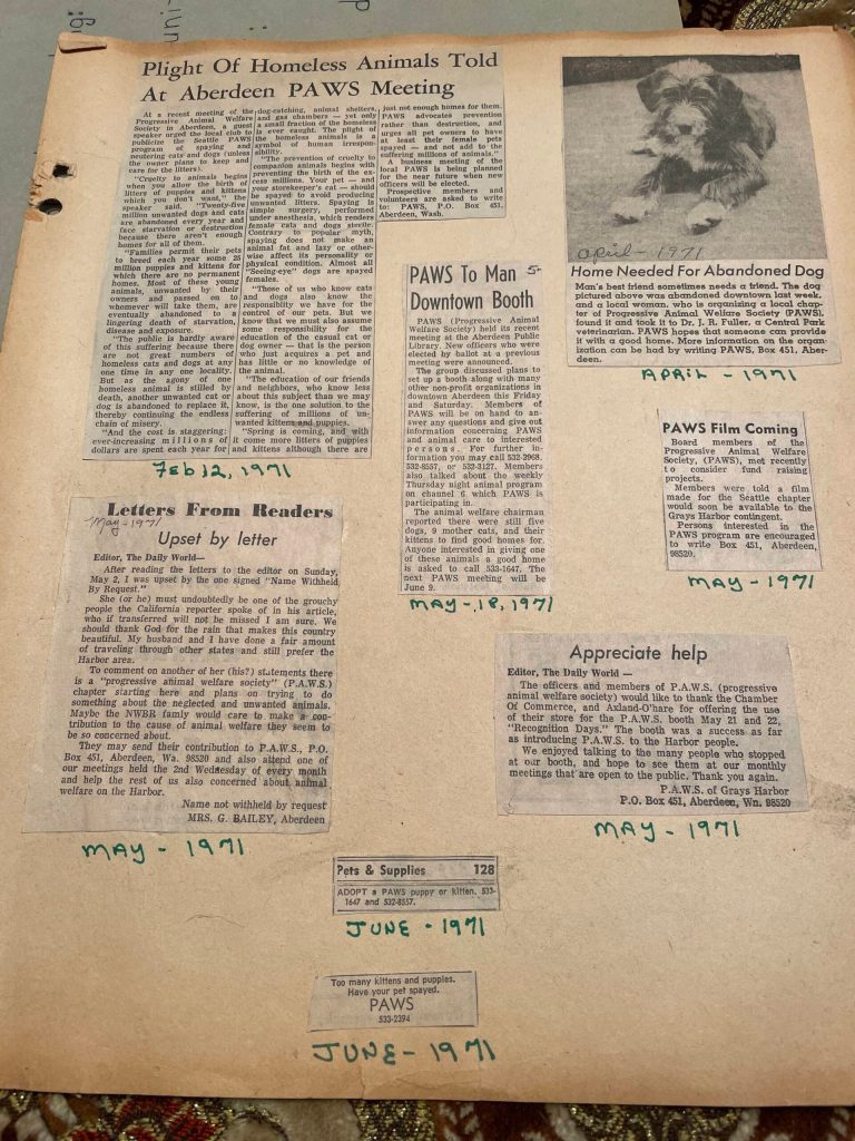 Michael S. Lockett / The Daily World
Various clippings of Daily World articles from the 70s by Pat Englund tell the story of the early days of PAWS of Grays Harbor, which she helped to start.