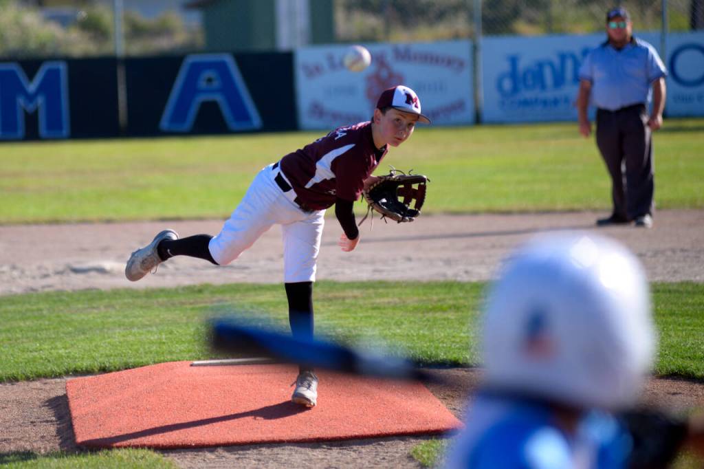 RYAN SPARKS | THE DAILY WORLD 
Montesano Little Leaguer Madden Maruska throws a pitch during a 9-3 loss to Larch Mountain in a District 3 8-10 championship game on Thursday at Lloyd Murrey Park in Elma.