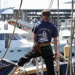 Kate Miller-Vickers eyeballs the pier as the Lady Washington glides into the dock at Port Orchard on July 2. (Michael S. Lockett / The Daily World)