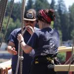 Michael S. Lockett / The Daily World
The Lady Washingtons Chief Mate James Hsu, left, works with Marijo Gauthier-Bérubé as she takes part of a program where nautical archaeology graduate students familiarize themselves with practical sailing aboard the Lady Washington.