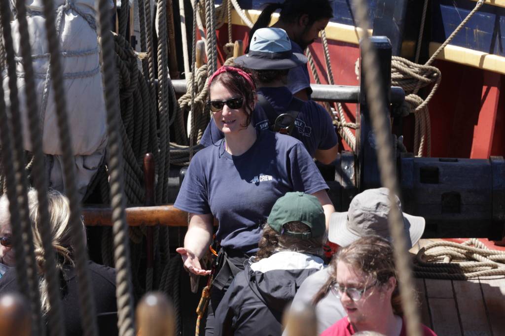 Michael S. Lockett / The Daily World
Marijo Gauthier-Bérubé, who received her doctorate in nautical archaeology from Texas A&M University, gives a lecture aboard the Lady Washington as part of a program to familiarize maritime archaeologists with the practices of sailing.