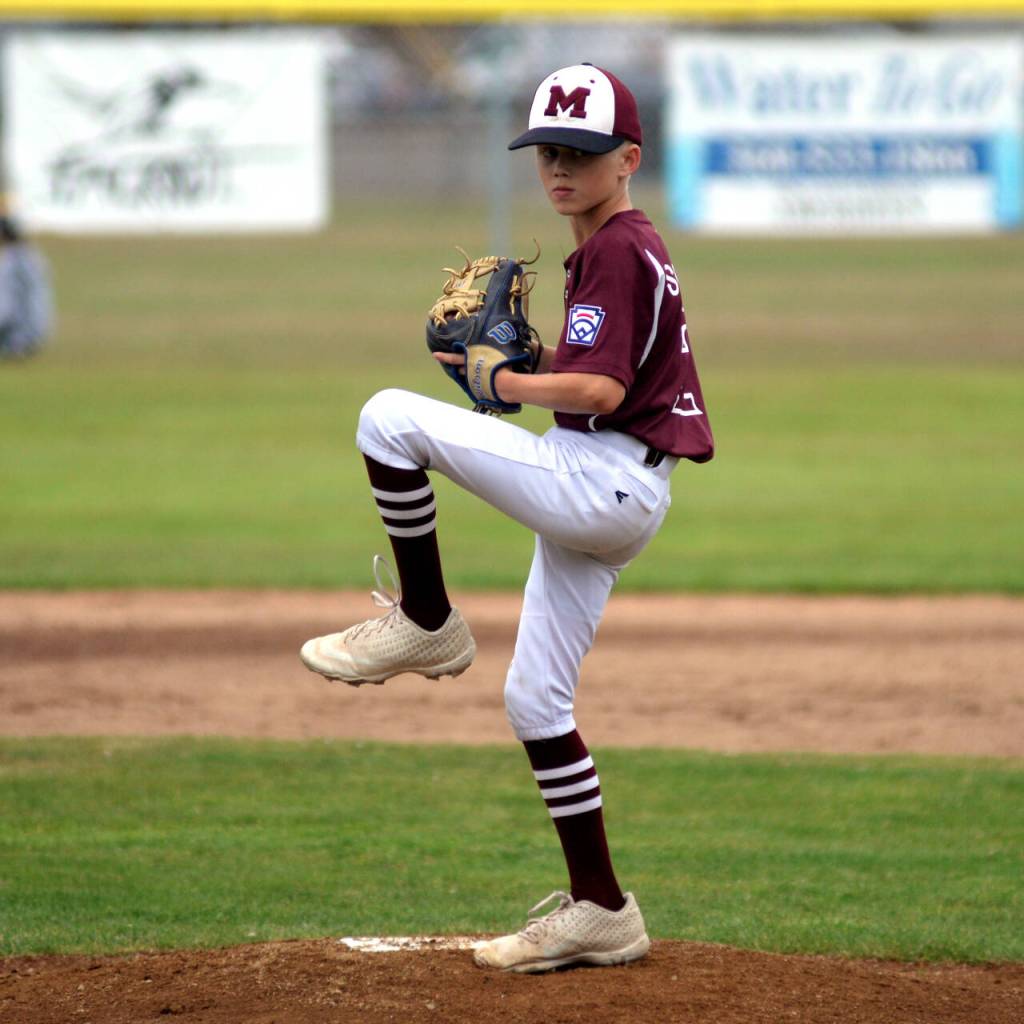 RYAN SPARKS | THE DAILY WORLD Montesano starting pitcher Hunter Schmitz tossed a complete game in an 8-5 loss to Larch Mountain in the Little League District 3 Majors Tournament on Friday in Aberdeen.