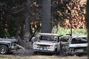 Michael S. Lockett / The Daily World
Charred trees and cars give mute testimony to a fire that threatened to grow out of control near Elma on Saturday.