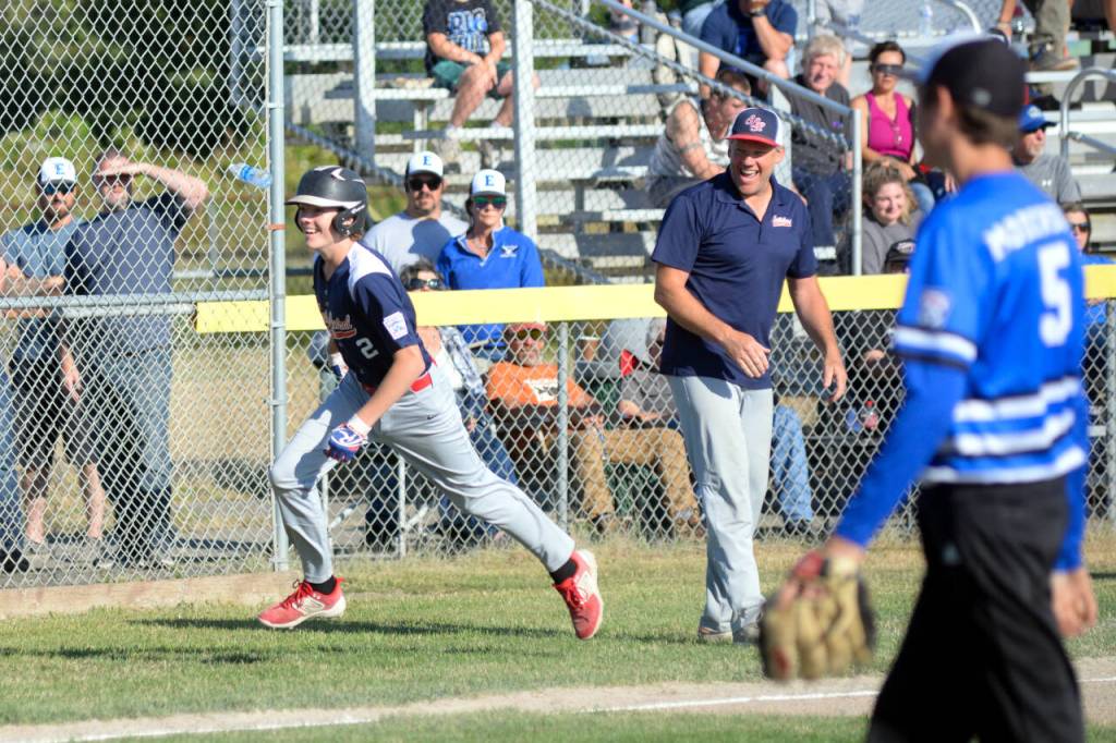 RYAN SPARKS | THE DAILY WORLD 
Seattle Centrals Brazon Landis celebrates after hitting a two-run home run during a 14-4 loss to Elma in the Little League Senior State Tournament on Tuesday in Elma.