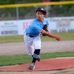 RYAN SPARKS | THE DAILY WORLD Bellevue National starting pitcher Leland Chen struck out 10 and allowed just one hit in a 14-0 five-inning victory over Elma at the Little League Intermediate State Tournament on Thursday in Elma.