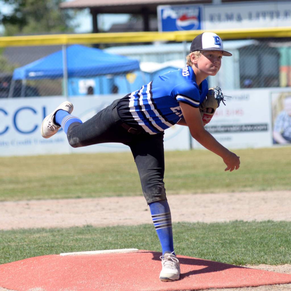 RYAN SPARKS | THE DAILY WORLD Elma pitcher Brysten Crawford struck out 11 batters in the Eagles 6-3 victory over Bellevue National in the first game of the Little League State Intermediate Championship on Saturday in Elma.