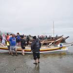 Canoes prepare to launch from Neah Bay at 8 a.m. on Satuday, July 22. (Clayton Franke / The Daily World)