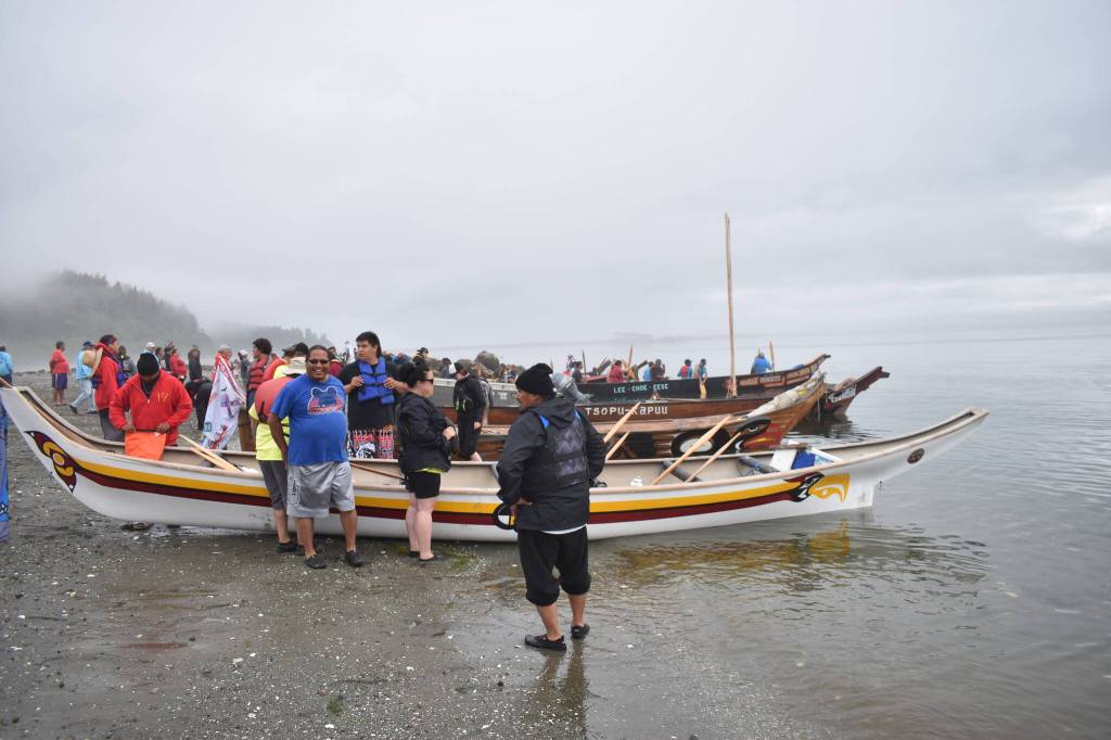 Canoes prepare to launch from Neah Bay at 8 a.m. on Satuday, July 22. (Clayton Franke / The Daily World)