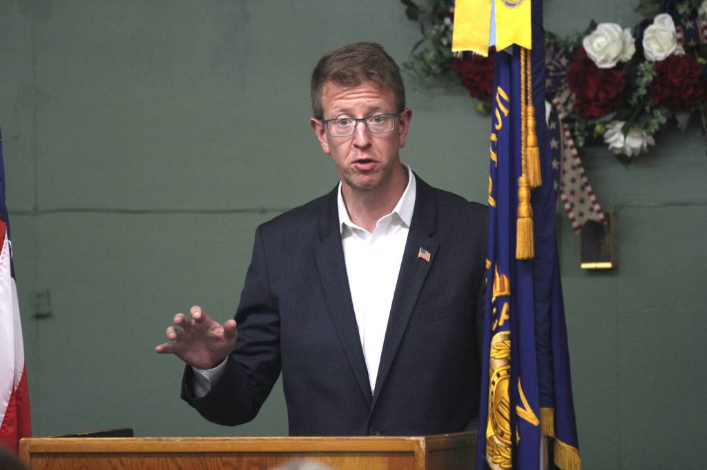 U.S. Rep. Derek Kilmer addresses the crowd at the American Legion in Aberdeen. (Michael S. Lockett / The Daily World)