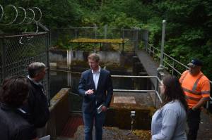 Clayton Franke / The Daily World
U.S. Rep. Derek Kilmer visited the West Fork Hoquiam Dam on Monday, July 24 to talk about funding opportunities for the citys dam removal project.