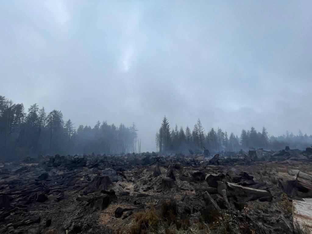 Low clouds briefly impeded aerial operations against a wildfire near Moclips on Thursday morning. (Michael S. Lockett / The Daily World)
