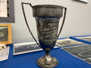 Michael S. Lockett / The Daily World
A 1928 trophy was one of a wealth of historical material collected over the years telling the story of the Grays Harbor County Fair that was on display at the History and Heritage stand hosted by the Chehalis Valley Historical Society.
