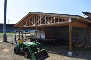 Clayton Franke / The Daily World
A new wooden pavilion 15-20 feet high on the east side of a concessions, restroom and locker room building will provide shelter for fans during games, and compliment the larger fan area in left field created by a new fence.