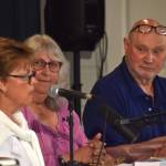 Peggy Jo Faria, left, and Richard Wills, right, candidates for Ocean Shores City Council Position 6, spoke at a forum on Wednesday, Aug. 30 at the Ocean Shores Lions Club. The forum was moderated by Gina Rawlings, center, an organizer with community group Voice of the Shores. (Clayton Franke / The Daily World)