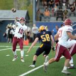 RYAN SPARKS | THE DAILY WORLD Hoquiam quarterback Zander Jump (10) passes to Dominic Standstipher (21) during a 36-0 loss to Aberdeen on Friday at Stewart Field in Aberdeen.