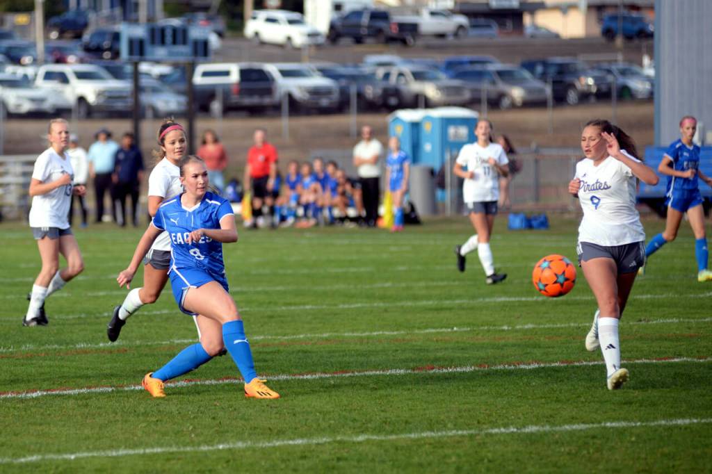 RYAN SPARKS | THE DAILY WORLD Elma junior forward Miley Seaberg scored the Eagles first goal of the season in the first half of a 4-0 win on Tuesday in Elma.
