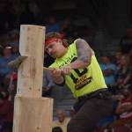 The Daily World file photos
Michael Pakos heaves an ax at the wood  at least 12 inches in diameter  during the springboard chop during last years Loggers Playday Show at Olympic Stadium. Pakos finished third in the event with a time of 1:34:44. Tristan VanBeek won the event with a time of 1:16:08. According to the Hoquiam Loggers Playday program, its one of the favorite events that takes place during Hoquiam Loggers Playday.