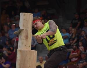 The Daily World file photos
Michael Pakos heaves an ax at the wood  at least 12 inches in diameter  during the springboard chop during last years Loggers Playday Show at Olympic Stadium. Pakos finished third in the event with a time of 1:34:44. Tristan VanBeek won the event with a time of 1:16:08. According to the Hoquiam Loggers Playday program, its one of the favorite events that takes place during Hoquiam Loggers Playday.