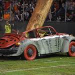 Thousands of people were reminded of the destruction a massive timber log can do to a car during last years Loggers Playday Show as Ed Mooch Smith expertly cut into a Douglas fir from inside Olympic Stadium in Hoquiam. Smiths precision cuts resulted in the piece of timber falling squarely through the hood of an old Volkswagen Beetle, which was painted to look like a watermelon.