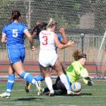 RYAN SPARKS | THE DAILY WORLD Elma goal keeper Emmie Spencer, right, makes a stop during a 1-0 loss to Archbishop Murphy at the Montesano Showcase on Saturday in Montesano.