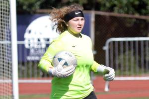RYAN SPARKS | THE DAILY WORLD
Elma goal keeper Emmie Spencer surveys the field during a 1-0 loss to Archbishop Murphy at the Montesano Showcase on Saturday in Montesano.