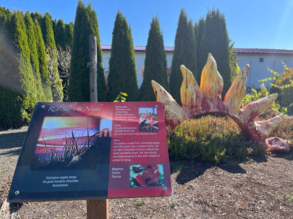 Among all the foliage at Westport Winery Garden Resort was this fiberglass sunset sculpture by Aberdeen artist Lindell Stacy-Horton. The sculpture, named Red Sky at Night, is near the start of the exterior grounds at the resort. For people who like watching the foliage change colors as summer turns to fall, its about 10 miles southwest of downtown Aberdeen  1 S. Arbor Road, in Aberdeen, on the way to Westport. (Matthew N. Wells / The Daily World)