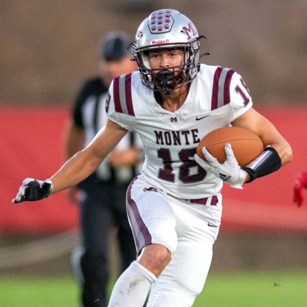 PHOTO BY FOREST WORGUM Montesano receiver Mason Rasmussen, seen here in a file photo, is one of several offensive threats the Bulldogs may utilize when they host Shelton on Friday.