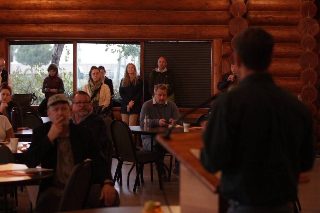Michael S. Lockett / The Daily World
WSDOT engineer Evan Grimm talks to a crowd of legislators and staffers at the Rotary Log Cabin about the state of the countys WSDOT-operated bridges on Tuesday morning.