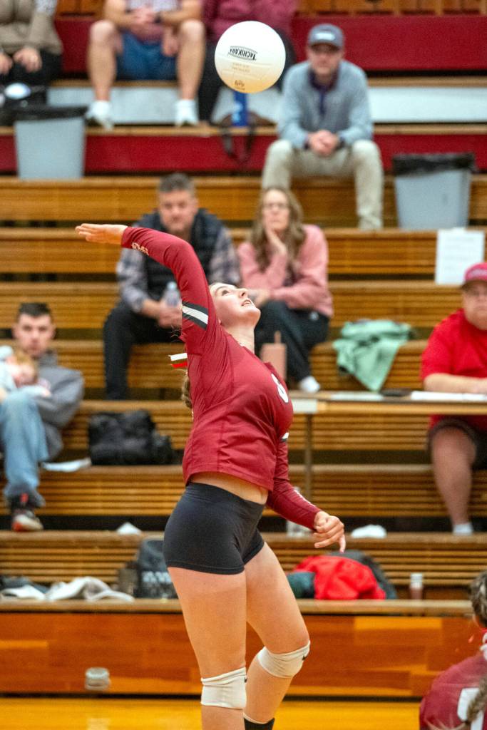 PHOTO BY FOREST WORGUM Hoquiam outside hitter Faith Prosch attempts a kill during a 3-0 victory over Elma on Tuesday in Hoquiam.