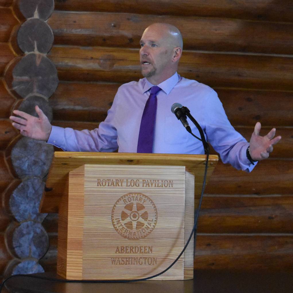 Matthew N. Wells / The Daily World
Brad Thomas, executive director at Summit Pacific Medical Center (SPMC,) in Elma, updates a crowd of about 50 people on the expansion project at SPMC at a Greater Grays Harbor Inc. (GGHI) event Tuesday at the Rotary Log Pavilion. The project will add more services to make for a better, healthier community, which is part of SPMCs vision and mission.
