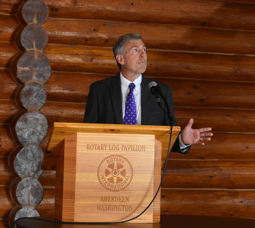 Matthew N. Wells / The Daily World
Brian Shay, Hoquiams city administrator, updates the attendees on the Aberdeen-Hoquiam Flood Protection Project at Greater Grays Harbor, Incs event on Tuesday at the Rotary Log Pavilion, in Aberdeen. Its one of four massive projects that will affect the Harbor throughout the next few years.
Brian Shay, Hoquiams city administrator, updates the attendees on the Aberdeen-Hoquiam Flood Protection Project at Greater Grays Harbor, Incs event on Tuesday at Rotary Log Pavilion, in Aberdeen. Its one of four massive projects that will affect the Harbor throughout the next few years. (Matthew N. Wells / The Daily World)
