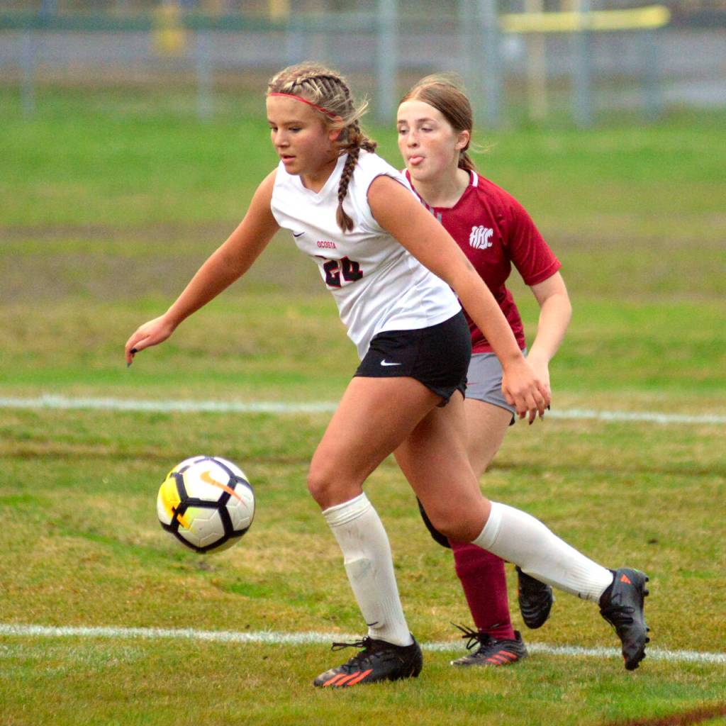 RYAN SPARKS | THE DAILY WORLD Ocosta forward Bristol Towle (24) scored the games only goal in a 1-0 win over Hoquiam on Thursday in Hoquiam.