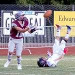 PHOTO BY SHAWN DONNELLY Montesano receiver Mason Rasmussen, left, hauls in a touchdown pass during a 55-0 win over Shelton on Friday at Montesano High School.
