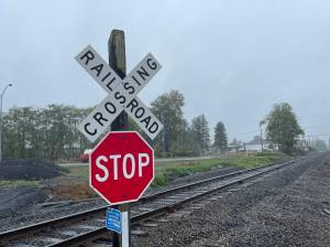 A Puget Sound & Pacific Railroad train struck an empty vehicle on the tracks near Montesano early Monday morning. (Michael S. Lockett / The Daily World)
