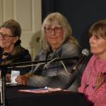 Lisa Griebel, right, speaks at a city council candidates forum hosted by Voice of the Shores at the Ocean Shores Lions Club on Wednesday, Oct. 4. Griebel and Susan Conniry, far left, are candidates for Position 3 on the Ocean Shores City Council. (Clayton Franke / The Daily World)