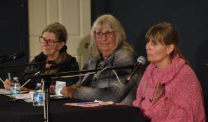Lisa Griebel, right, speaks at a city council candidates forum hosted by Voice of the Shores at the Ocean Shores Lions Club on Wednesday, Oct. 4. Griebel and Susan Conniry, far left, are candidates for Position 3 on the Ocean Shores City Council. (Clayton Franke / The Daily World)