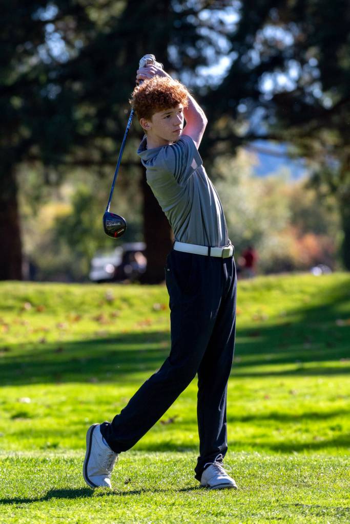 PHOTO BY FOREST WORGUM Montesano golfer Ayden Sauer tees off during a loss to Elma on Thursday at the Oaksridge Golf Course in Elma. Sauer led the Bulldogs with a round of 42.