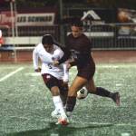 RYAN SPARKS | THE DAILY WORLD Montesanos Addison Potts, right, collides with Hoquiam defender Briana Herrera during the Bulldogs 14-0 win on Tuesday at Montesano High School.