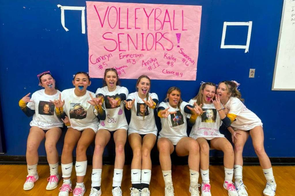 SUBMITTED PHOTO 
Aberdeens seven seniors (from left) Cameryn Micheau, Shyanna Patrick, Savannah Strickland, Kailey Pendergrass, Annika Hollingsworth, Emmersyn Yakovich and Claire Mottinger celebrated Senior Night with a 3-1 win over W.F. West on Tuesday in Aberdeen.