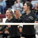RYAN SPARKS / THE DAILY WORLD 
Montesanos Jillie Dalan, right, and Kalia Hatton celebrate a point during a 3-1 win over Hoquiam on Tuesday at Bo Griffith Memorial Gymnasium in Montesano.