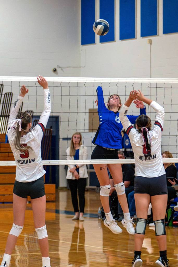 PHOTO BY FOREST WORGUM Elmas outside hitter Haydenne Bogar (6) rises for a kill during a 3-2 loss to Hoquiam on Thursday in Elma.